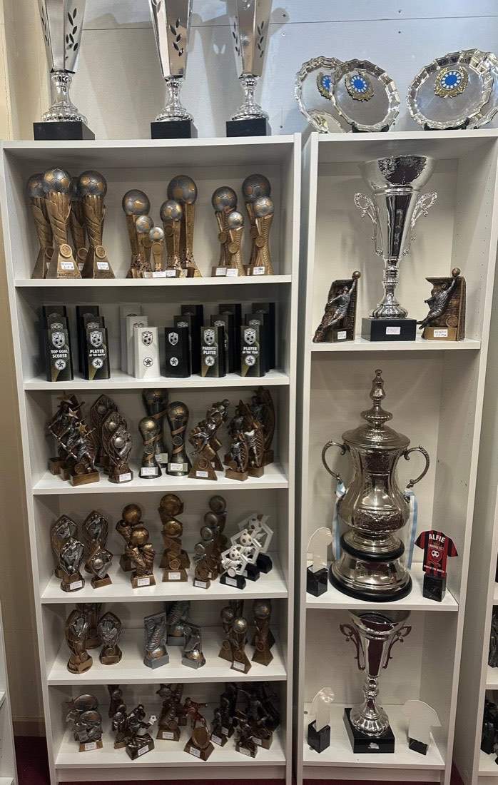 Silver presentation cups and bronze awards on display